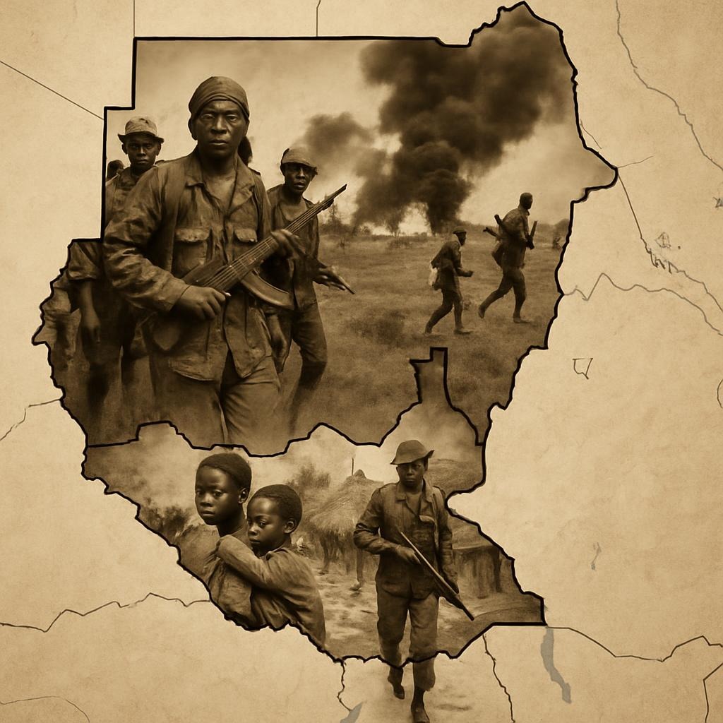 Map of Sudan and South Sudan with images from the civil war