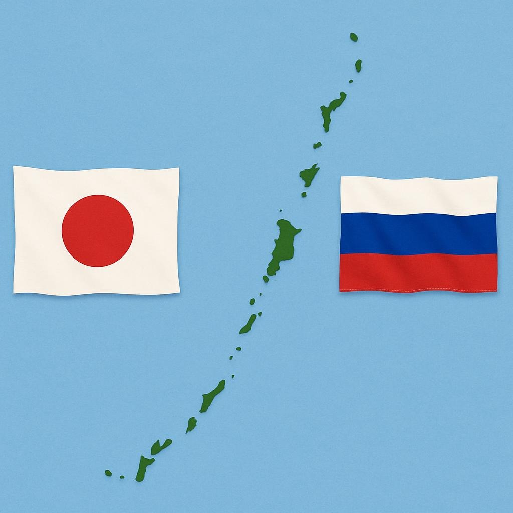 The flag of Japan and the flag of Russia between them, a map of the Kuril Islands
