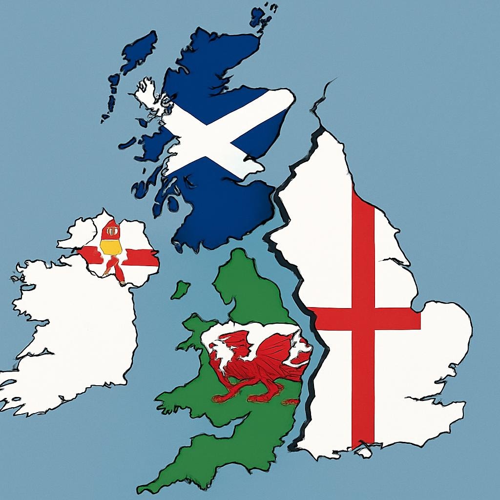 The breakup of the United Kingdom. A picture showing the countries that make up the United Kingdom, along with their respective flags.